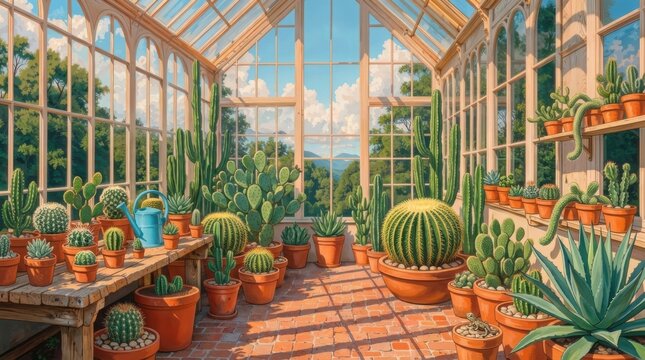 Elegant Victorian Greenhouse Filled with Lush Tropical Plants and Colorful Flowers, Detailed 8K Vector Illustration