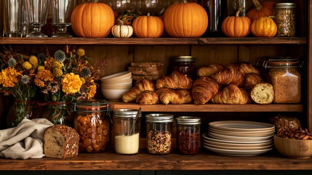 a collection of autumnalthemed items, including pumpkins, croissants, bread, and a bowl of nuts. The pumpkins are orange and white, and the bread is golden brown with visible grains and seeds.