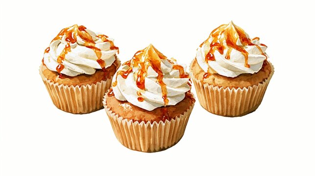 a watercolor style. Each cupcake is topped with a generous dollop of whipped cream and drizzled with caramel sauce. The cupcakes have a goldenbrown crust and a soft, fluffy white frosting.