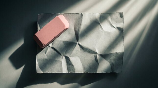 Pink eraser on gray crumpled paper with dramatic sunbeams