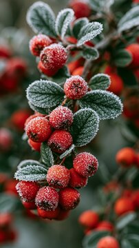a cluster of red berries covered in frost. The berries are clustered together, with some overlapping each other. The frost covers the leaves, giving them a frosty appearance.