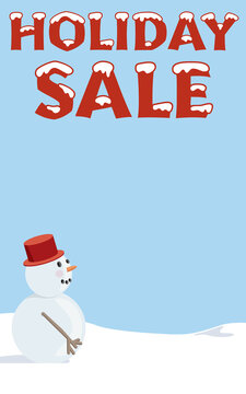 Holiday Sale Banner Ad, Price Tag, Or Sign With Snowman Winter Theme and Snow-Capped Decorative Festive Typography Great To Use As Ad Frame, Background
