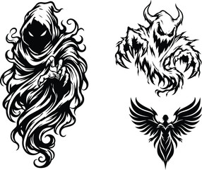 Fototapeta premium Dark Fantasy Mascot Collection Featuring Hooded Reaper Demonic Monster and Phoenix Emblems in Bold Monochrome Tattoo Style Artwork