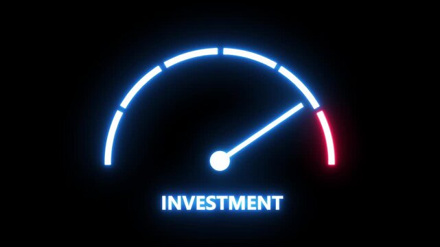 Dynamic neon investment gauge meter animation featuring a glowing indicator needle moving towards yield performance levels for financial growth, wealth management, and economic success strategy