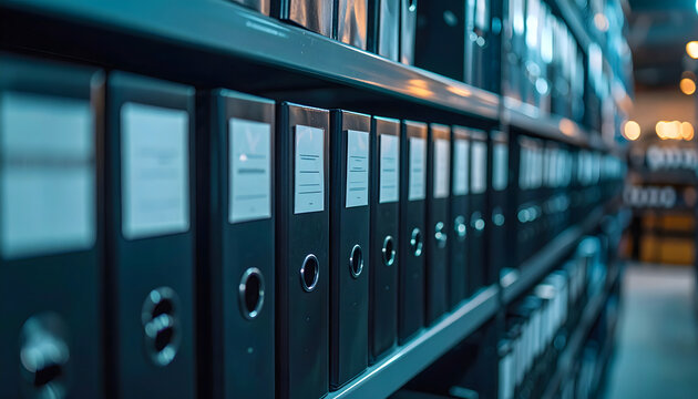 Office ring binders arranged on shelves in a professional archive storage room with shallow depth of field and soft lighting