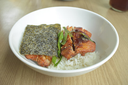 Japanese Chicken Teriyaki Donburi Rice Bowl With Nori Seaweed