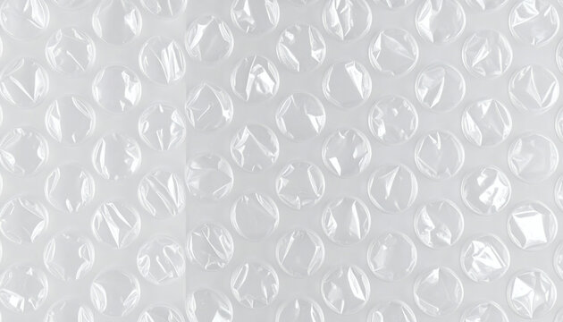 Bubble wrap plastic texture featuring a repeating pattern of transparent circular air cushions on a plain white studio background