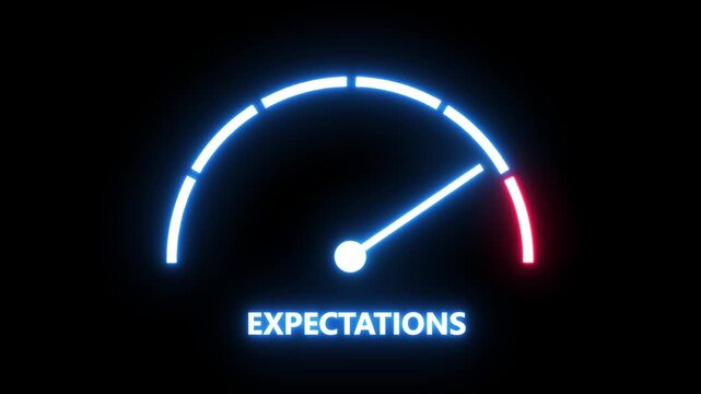 Neon glowing expectations gauge meter animation showing rising performance levels and business goal achievement metrics in a sleek digital interface for corporate data visualization and analytics