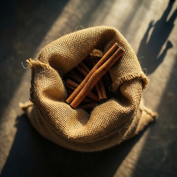 Top view of cinnamon sticks inside a rustic burlap sack with shadows