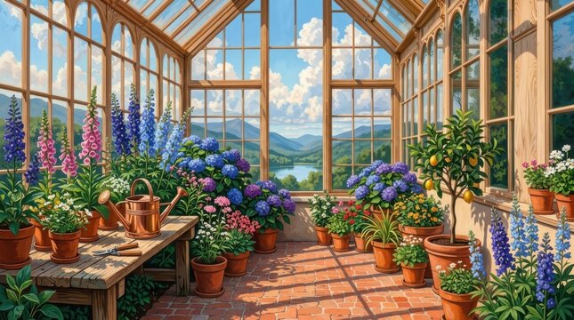 Elegant Victorian Greenhouse Filled with Lush Tropical Plants and Colorful Flowers, Detailed 8K Vector Illustration