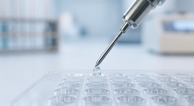 Macro View of a Precision Needle Depositing a Droplet onto a Multi-Well Microplate: Laboratory Research and Sample Preparation with Copy Space