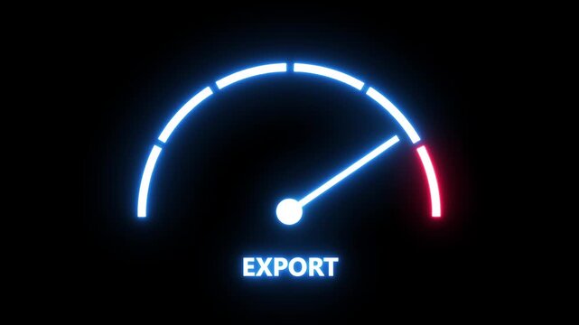 Neon glowing export speedometer gauge interface animation showing rapid data processing progress bar with glowing blue and red light effects for digital technology and software development projects
