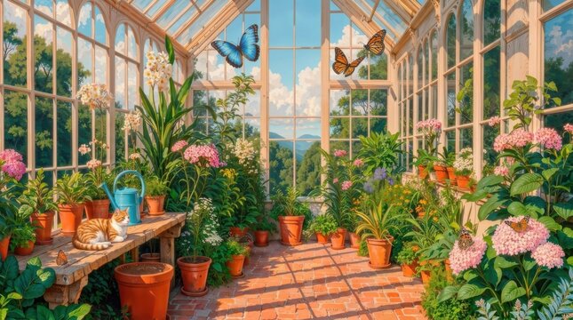 Elegant Victorian Greenhouse Filled with Lush Tropical Plants and Colorful Flowers, Detailed 8K Vector Illustration