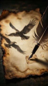 Quill Pen Writing on Old Parchment with Flying Eagle Shadows