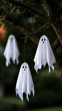 a tree branch against a blurred green background. Each ghost has a small, round, black eyes and a slightly open mouth. The tree branch has a rough texture with visible twigs and leaves.