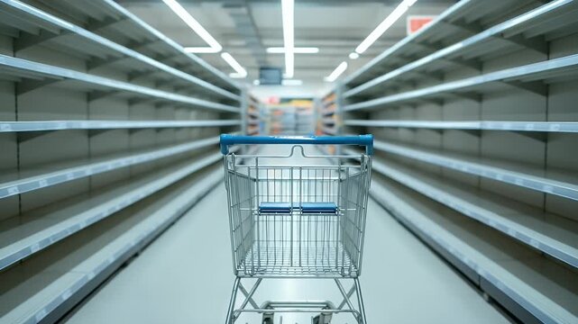 Camera moves forward through a supermarket aisle with empty shelves and a single shopping cart.