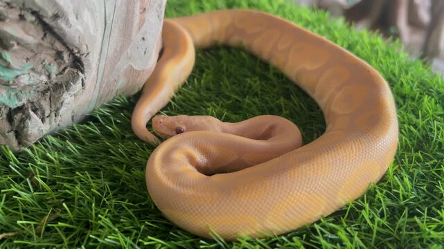 Close-up of a ball python (Python regius) with a light-colored, reduced-pattern appearance, showcasing its scales, distinctive markings, and coiled body.