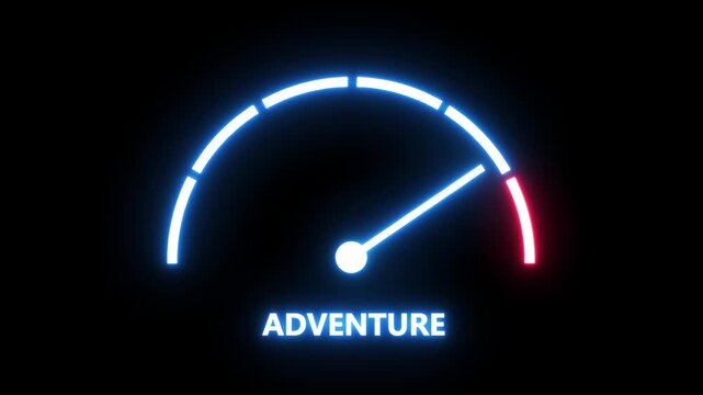 Dynamic neon adventure gauge meter animation featuring a glowing progress indicator moving toward maximum capacity on a dark background, for travel, extreme, sports, and motivational, 