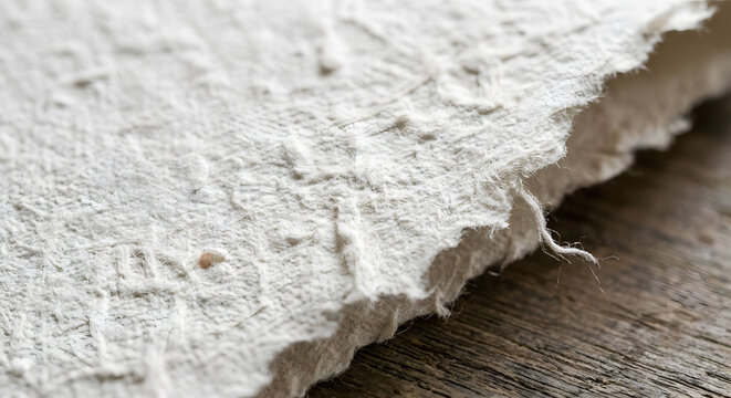 A close up of handmade deckle edge paper on wood. Generative AI.