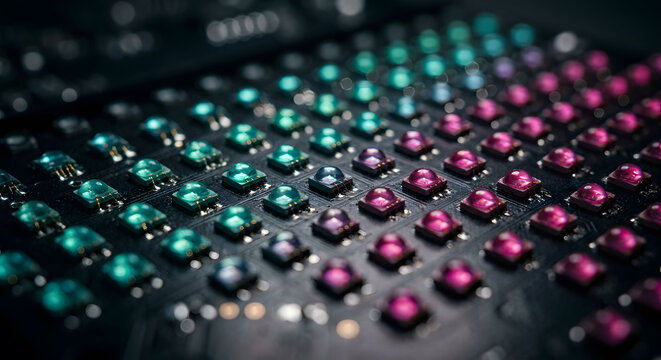 A macro view of an electronic circuit board with glowing LED lights. Generative AI