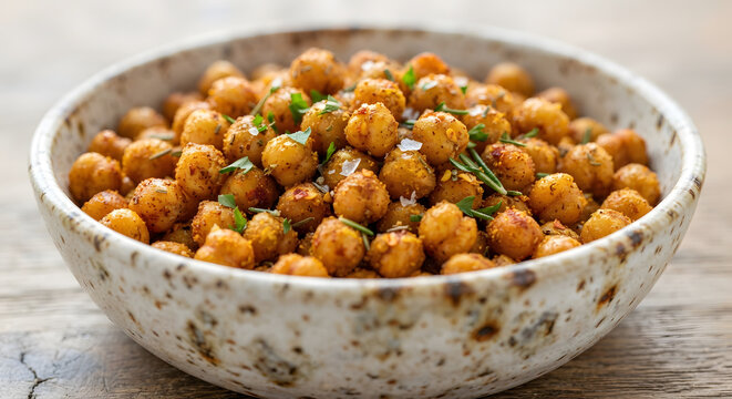 A ceramic bowl filled with crispy roasted chickpeas. Generative AI.