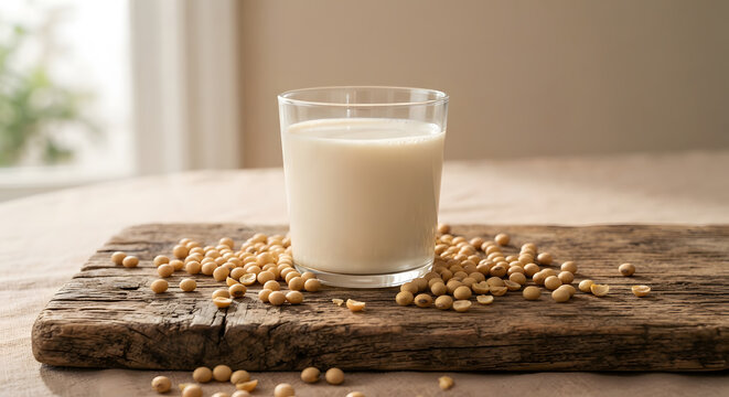 A glass of fresh soy milk on a rustic wooden board with soybeans