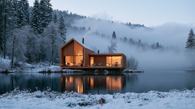 a modern wooden cabin situated on a calm lake. The cabin has large glass windows and a chimney emitting a soft glow. The surrounding area is blanketed in a thick layer of snow.
