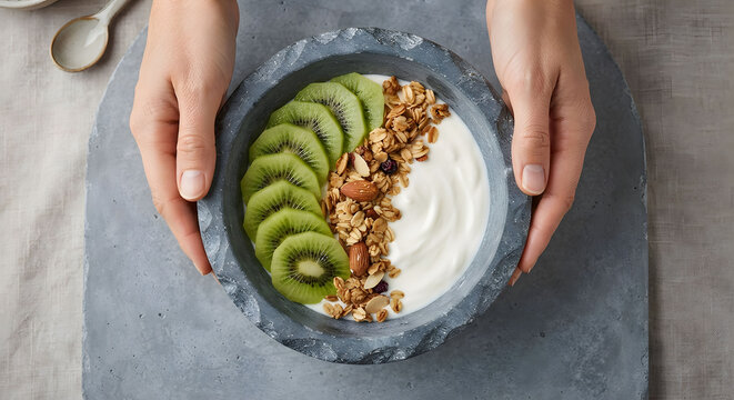 A person holding a bowl of yogurt with kiwi and granola. Generative AI.