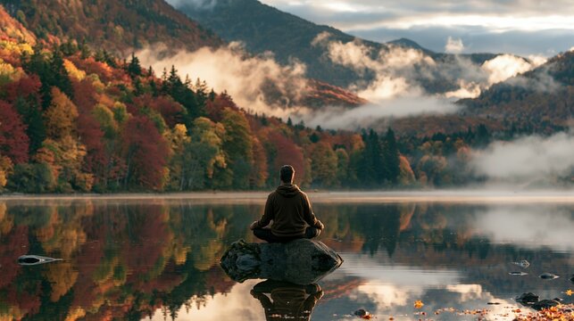 a person meditating on a rock in the middle of a calm lake. The person wears a brown hoodie and sits in a meditative pose, their hands resting on their knees.