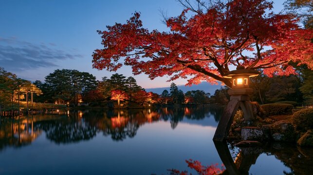 a serene Japanese garden at twilight. A large tree with vibrant red leaves dominates the scene, illuminated by a lantern placed on a stone pedestal, casting a warm glow on the surrounding water.
