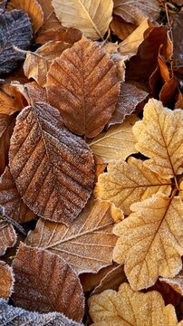 a closeup of frosted autumn leaves. The leaves are a mix of brown, orange, and yellow hues, each with a unique pattern of ridges and veins. The frost reflects light, creating a shimmering effect.