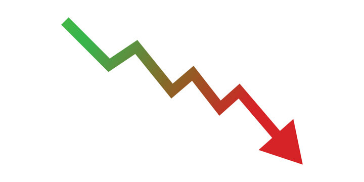 Red arrow pointing down gradient zigzag graph symbol, business loss concept .