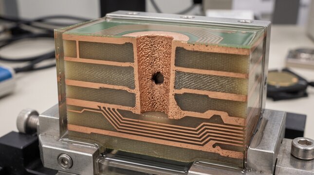 Multilayer PCB Cross Section Showing Embedded Copper Traces and Interconnect Structure