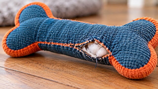Close-up of generic fabric dog toy with small section of stitched seam beginning to open and stuffing barely visible inside