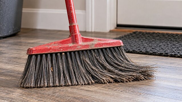 Close-up of well-used household broom with bristles permanently bent strongly toward one side instead of hanging straight