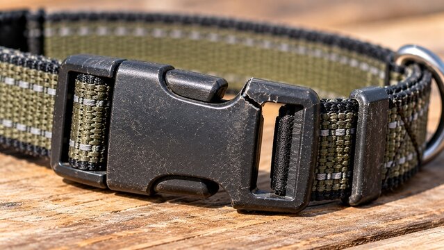 Close-up of generic plastic dog collar buckle showing small crack through one locking tab while buckle remains assembled