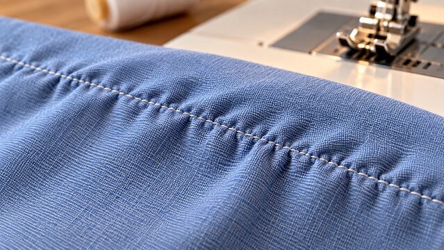 Close-up of freshly sewn fabric seam showing obvious rippling and puckering caused by incorrect thread tension
