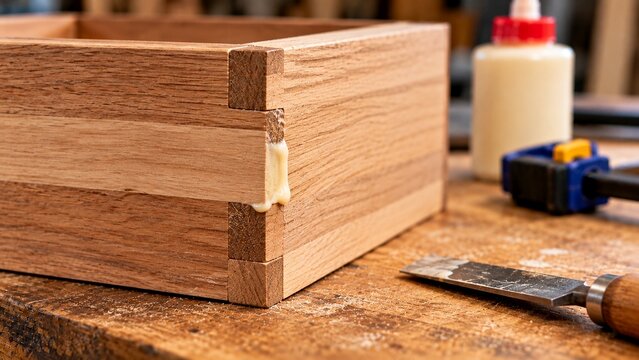 Close-up of small woodworking project with excessive dried wood glue squeezed visibly from joint, realistic beginner woodworking mistake