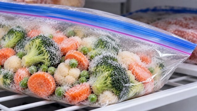 lear freezer storage bag containing frozen vegetables with heavy frost forming inside