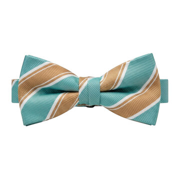 Striped bow tie in light blue and brown fabric for formal menswear isolated on transparent background