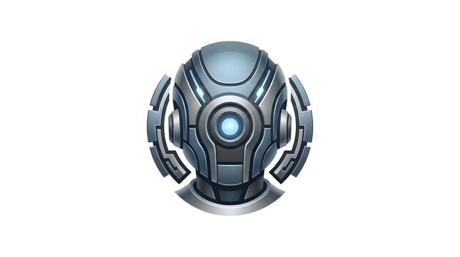 Futuristic Cybernetic Robot Head Icon with Glowing Blue Sensor and Silver Metallic Armor Plating for Artificial Intelligence and Sci-Fi Concept