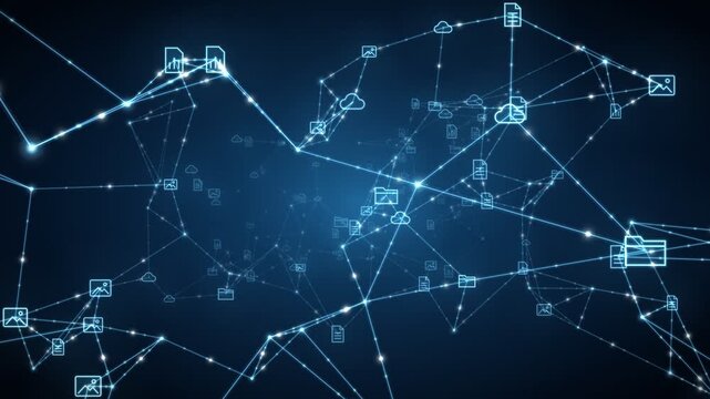 Digital network of data files and cloud storage connections with glowing nodes and lines on a dark blue background