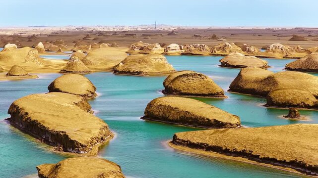 High angle wide shot shows unique yardang landforms rising above clear turquoise water under a clear sky in Qinghai Province.