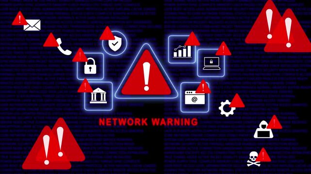 Critical network warning alert digital interface featuring cybersecurity breach data theft risk, system vulnerability, malware threat, and unauthorized access symbols on a dark binary code background