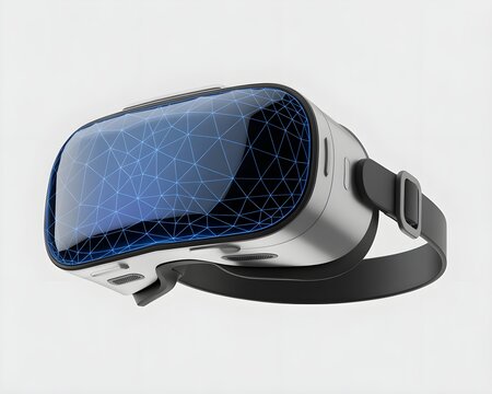 Modern virtual reality headset with glowing blue wireframe mesh on the front lens isolated on white background