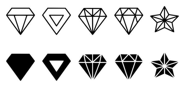 Set of ten minimalist diamond icons arranged in two horizo set with simple line art design featuring simple design, minimalist, black and white with illustrations and graphics