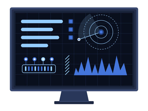 Futuristic dashboard screen displaying analytics, radar chart UI vector graphic