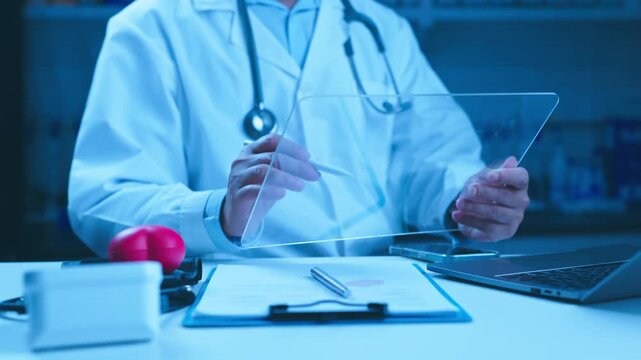 Male physician holds stylus point over transparent futuristic digital tablet interface sitting beside clipboard laptop stethoscope inside hospital research laboratory.