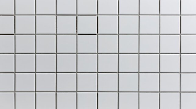 A close-up view of a white square ceramic tile wall with dark grey grout lines, creating a repeating geometric grid pattern for interior walls