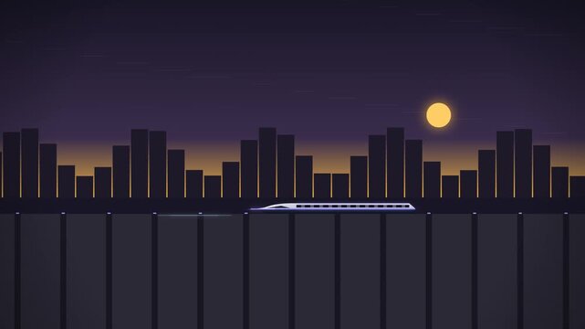 Bullet train traveling across city bridge at night looping animation video motion graphic